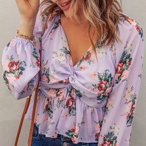 Floral Front Twist Long Sleeve Shirt